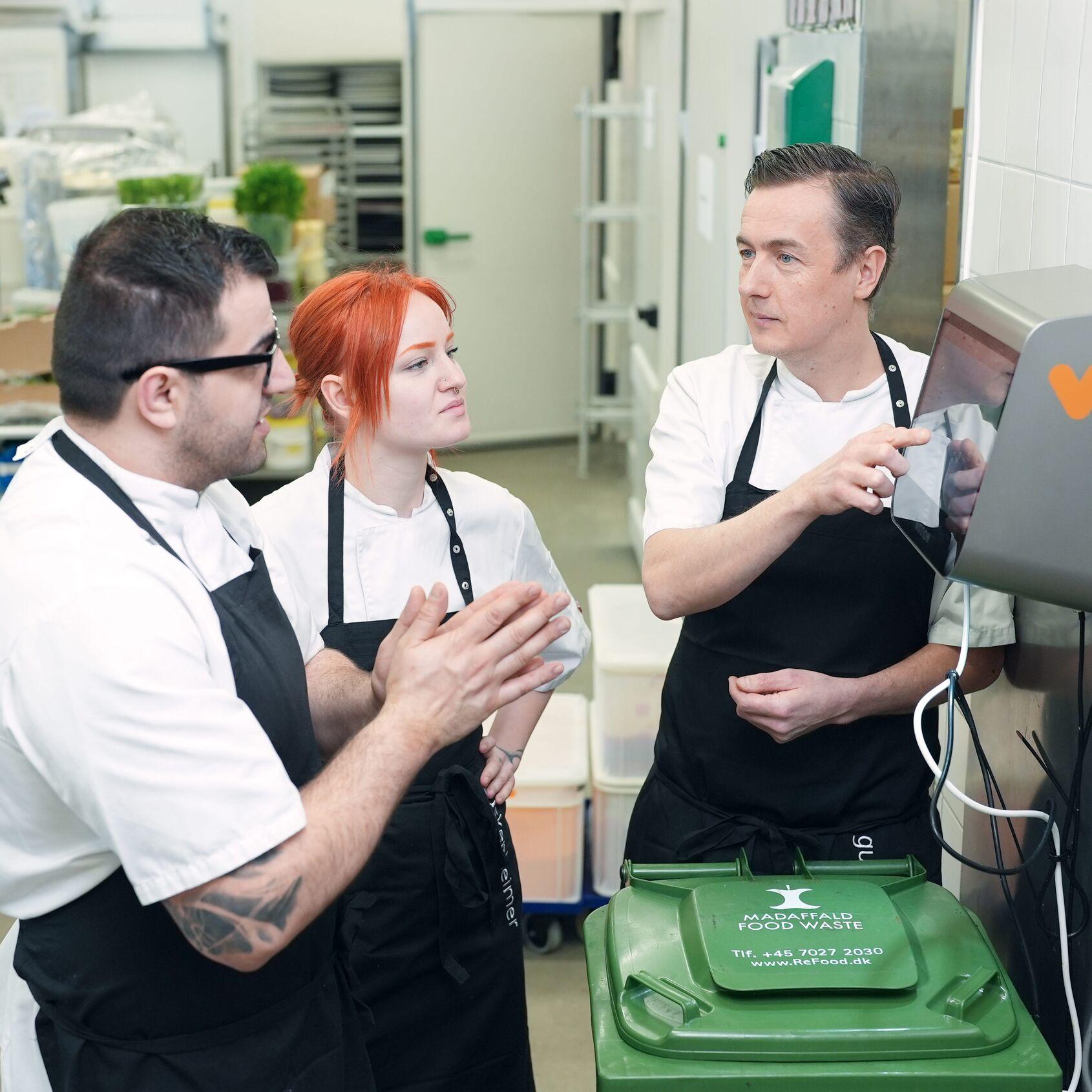 Kitchen staff using AI tools to help chefs run more profitable, sustainable kitchens by cutting food waste in half. Leader in food waste management solutions.