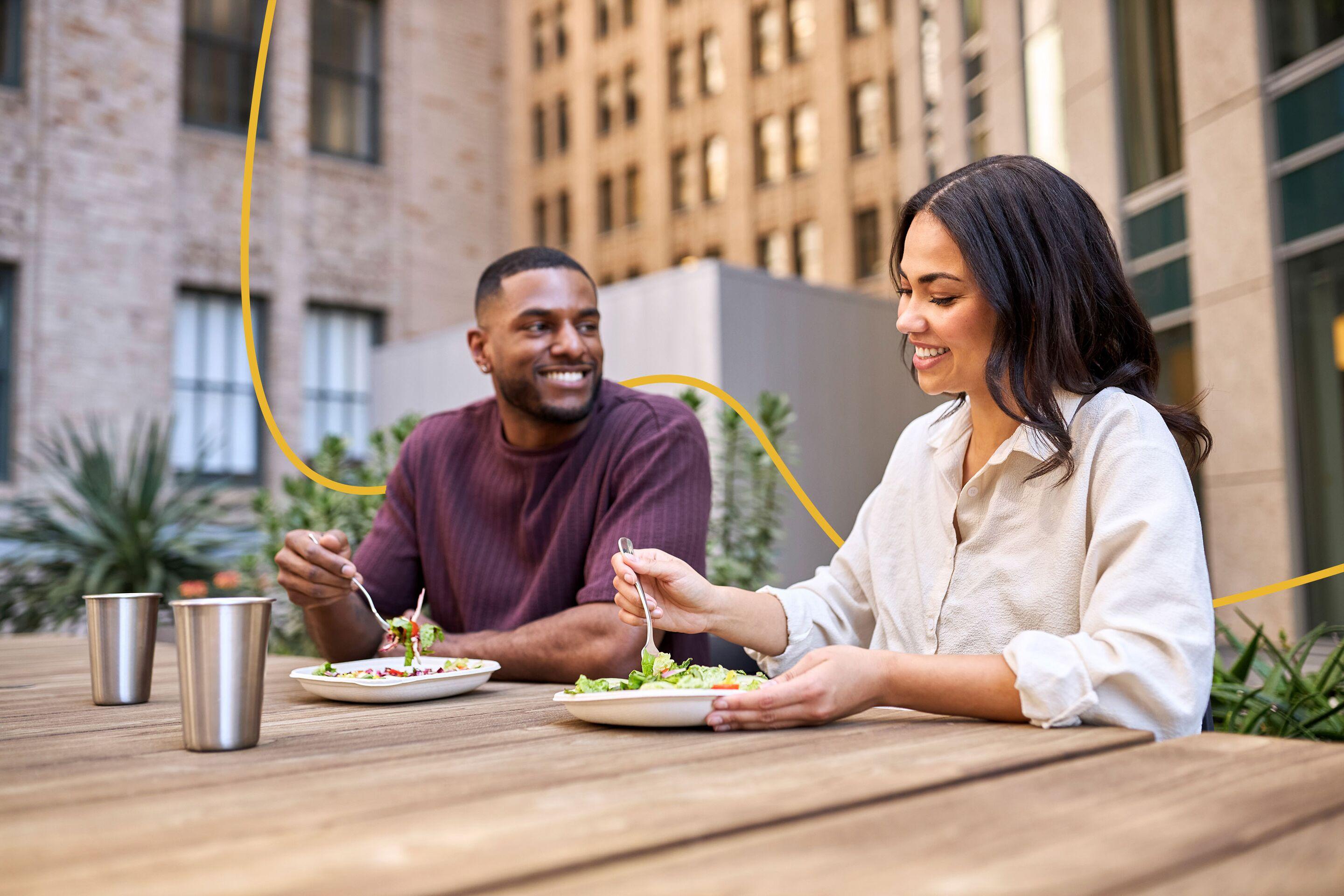 Colleagues connecting over lunch grab-and-go salads